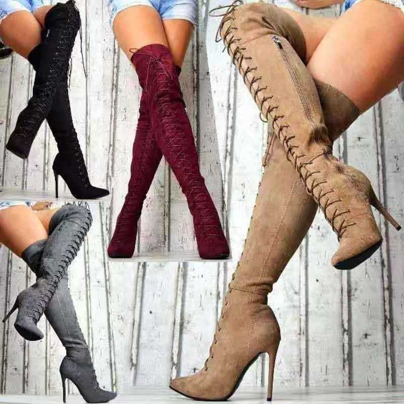 Bottes au-dessus du genou pour femmes, bottes à lacets et talons aiguilles ultra-hauts, extra longues, givrées, chaussures pour filles au style européen et américain