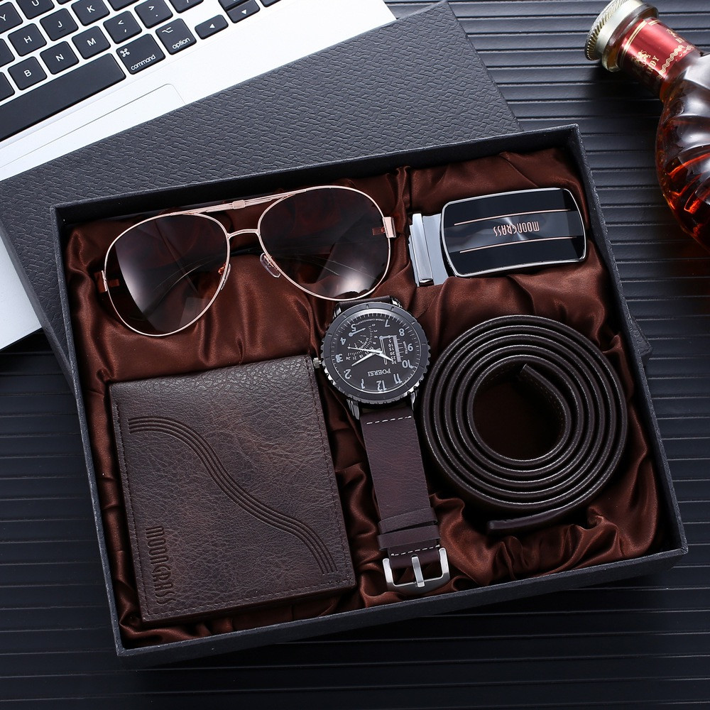 Coffret cadeau pour jeune homme - Boitier  cadeau d'affaires portefeuille + ceinture + lunettes + montre 4 pièces/set