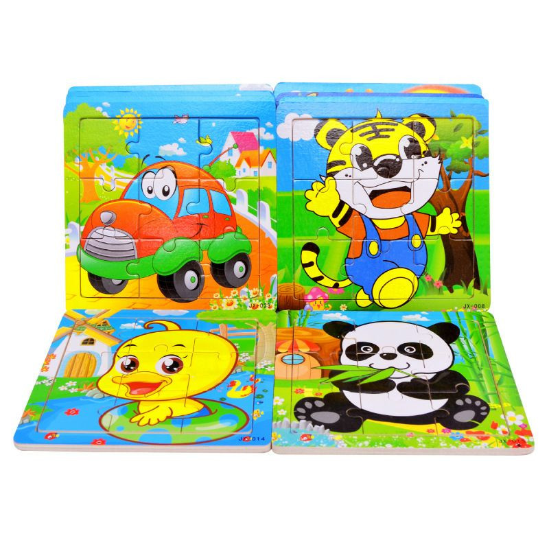 Ensemble de puzzles en bois pour enfants, chacun représentant un animal coloré comme un dauphin, un panda ou un lion. 9 pieces