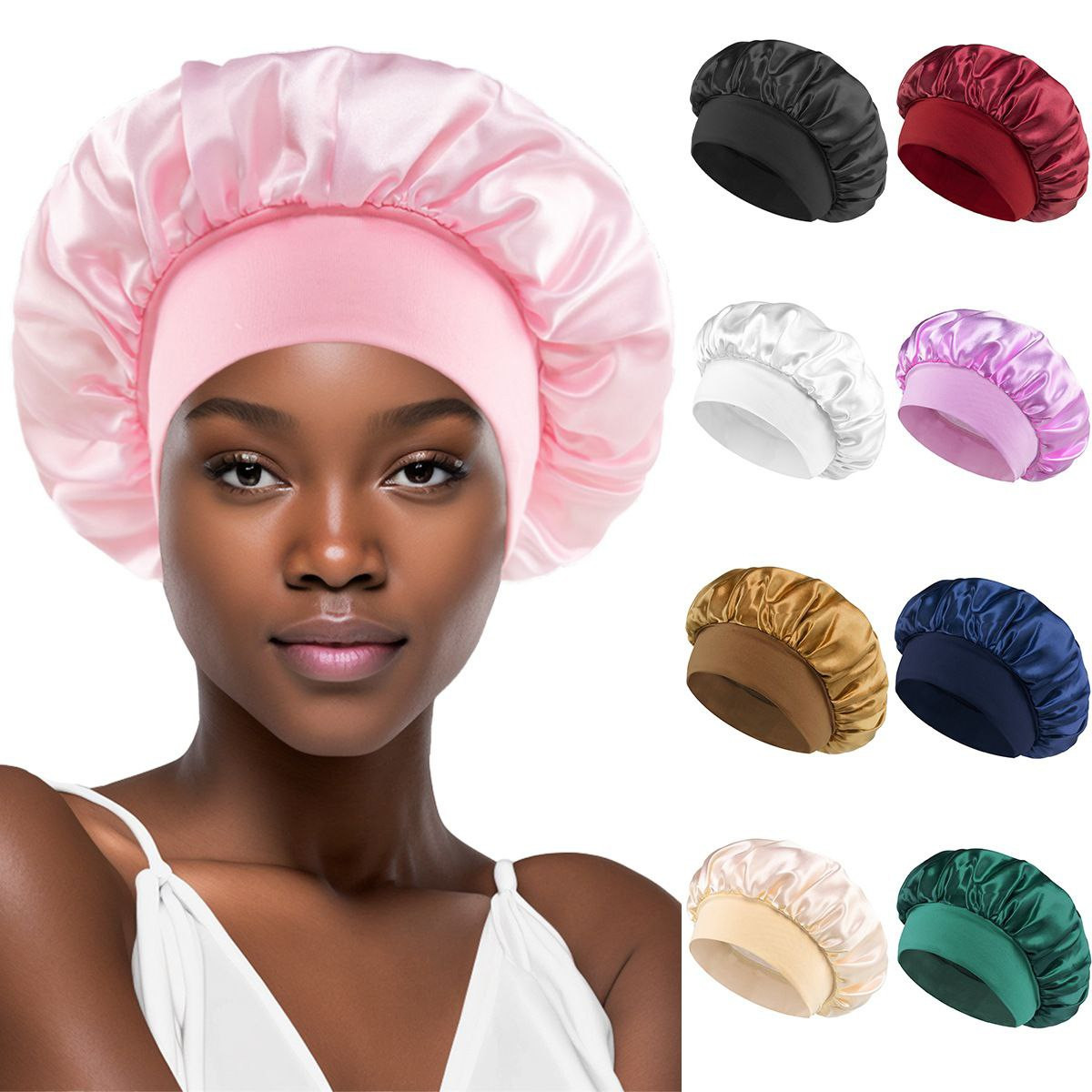 Bonnet de nuit élastique à larges bords de couleur unie pour adultes, bonnet de douche de beauté et de soins capillaires à la mode pour hommes et femmes, bonnet de chimiothérapie en satin