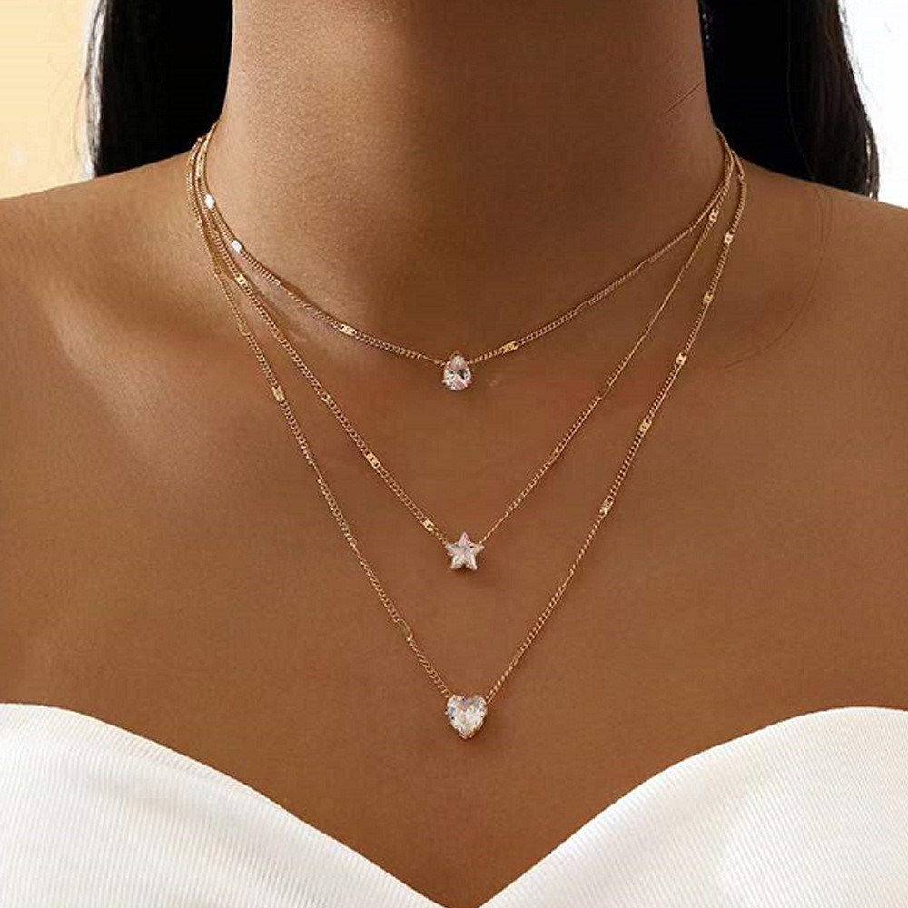 Chaîne nouveau style empilé d’étoils et perles, chaîne simple tempérament amour avec diamant en forme de gouttes d'eau, Collier dames