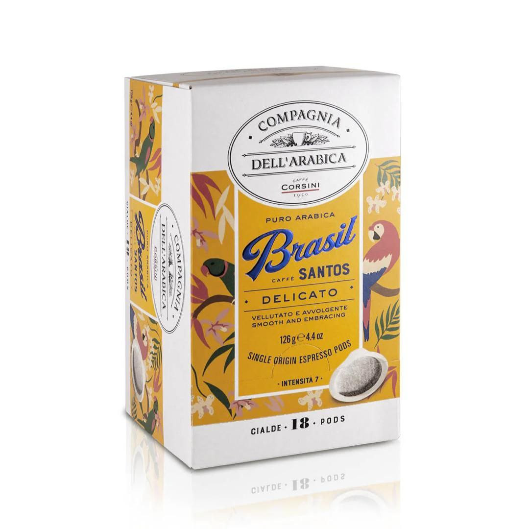 Une boîte d 18 dosettes de café Brasil torréfiées et moulues. Un café doux avec une faible acidité et un arôme velouté et enveloppant avec une délicate touche de chocolat