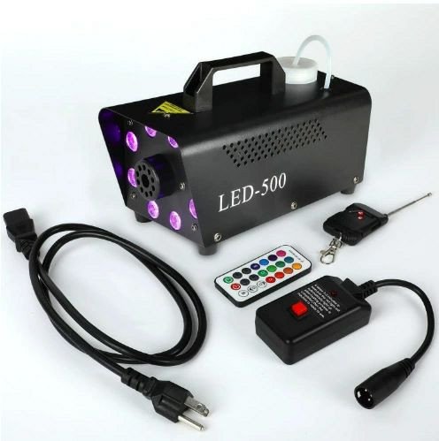 machine à fumée LED de 500W (générateur de brouillard pour scène et fêtes), accompagnée d'une télécommande sans fil et de diodes lumineuses RVB.