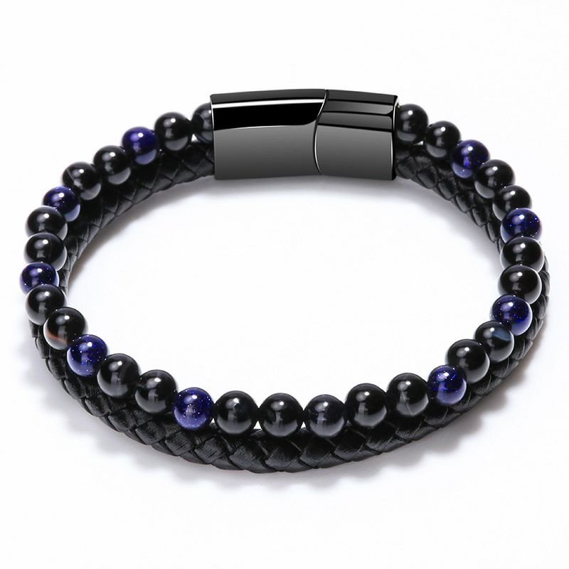 Bracelet transfrontalier simple en pierre volcanique naturelle pour hommes avec fermoir magnétique tissé en pierre d'oeil de tigre perlé bracelet en corde de peau de vache bijoux