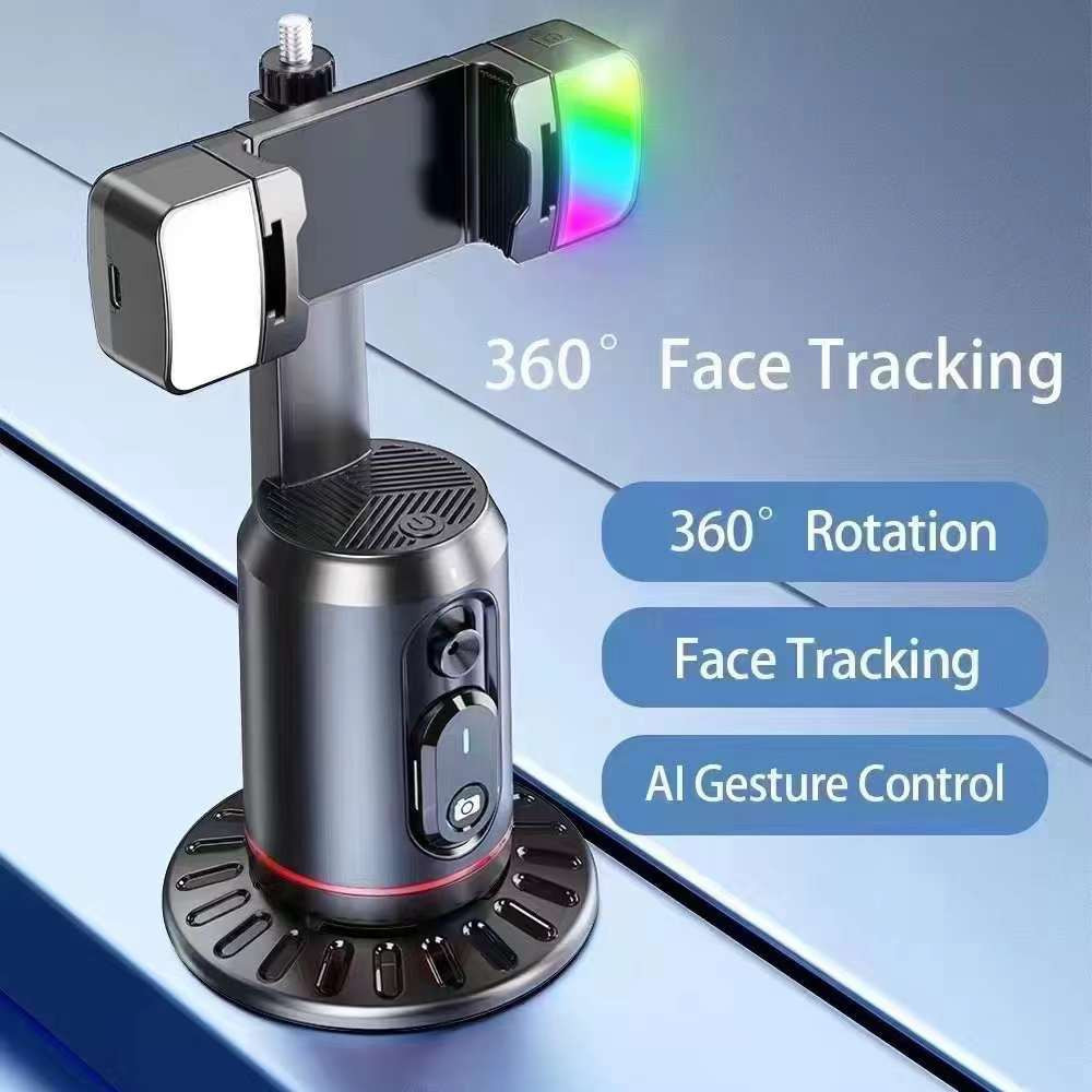 Stabilisateur pour shooting de photo et video avec reconnaissance faciale AI 360°, pour les vlogs, les lives TikTok et les selfies, avec fonction anti-bourrage et stabilisation de l'image.