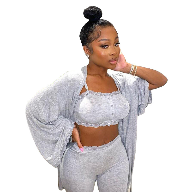 Homewear gray Color Casual Lace Pants Pyjamas Ensemble trois pièces, tenu de sport ou de sortie sexy pour jeunes filles