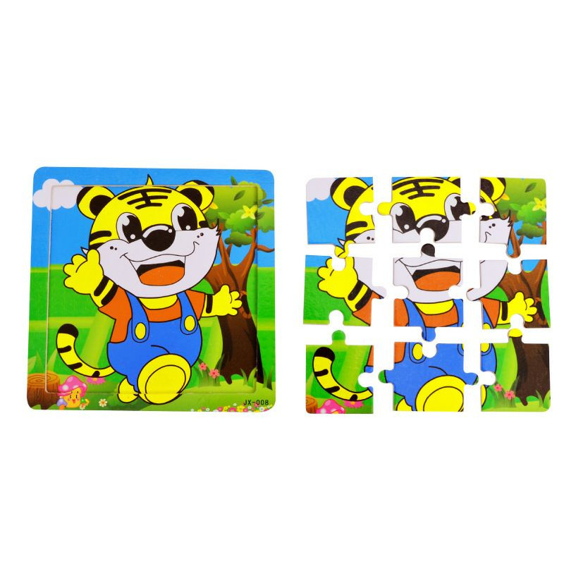Ensemble de puzzles en bois pour enfants, chacun représentant un animal coloré comme un dauphin, un panda ou un lion. 9 pieces