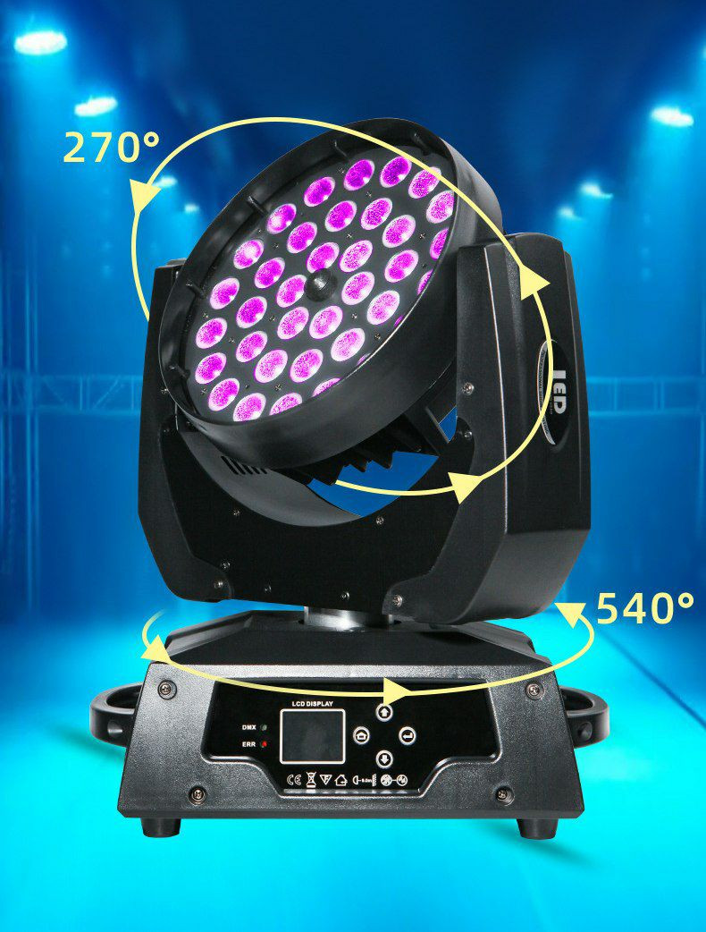 Lyre motorisée de type Wash est généralement équipée de 36 LED de 15 à 18 watts chacune, offrant un mélange de couleurs RGBWA+UV.
