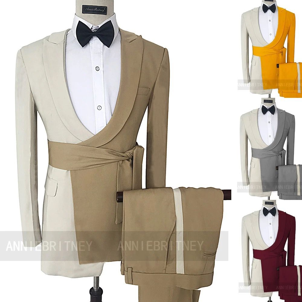 Costume Homme 2 Pièces Blazer T avec Ceinture Patchwork Camel