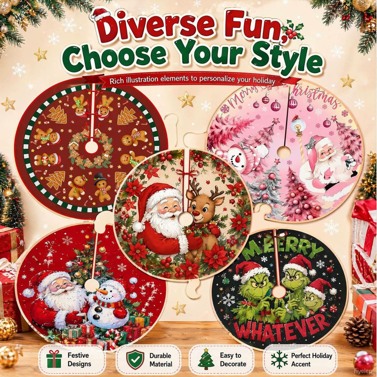 Jupe de pied de sapin de Noël en tissu pelucheux – Décoration festive
