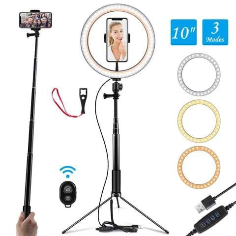 Ring light Anneau lumineux de 10 pouces, lumière de beauté pour selfie, diffusion en direct, support au sol de 1,6 m,