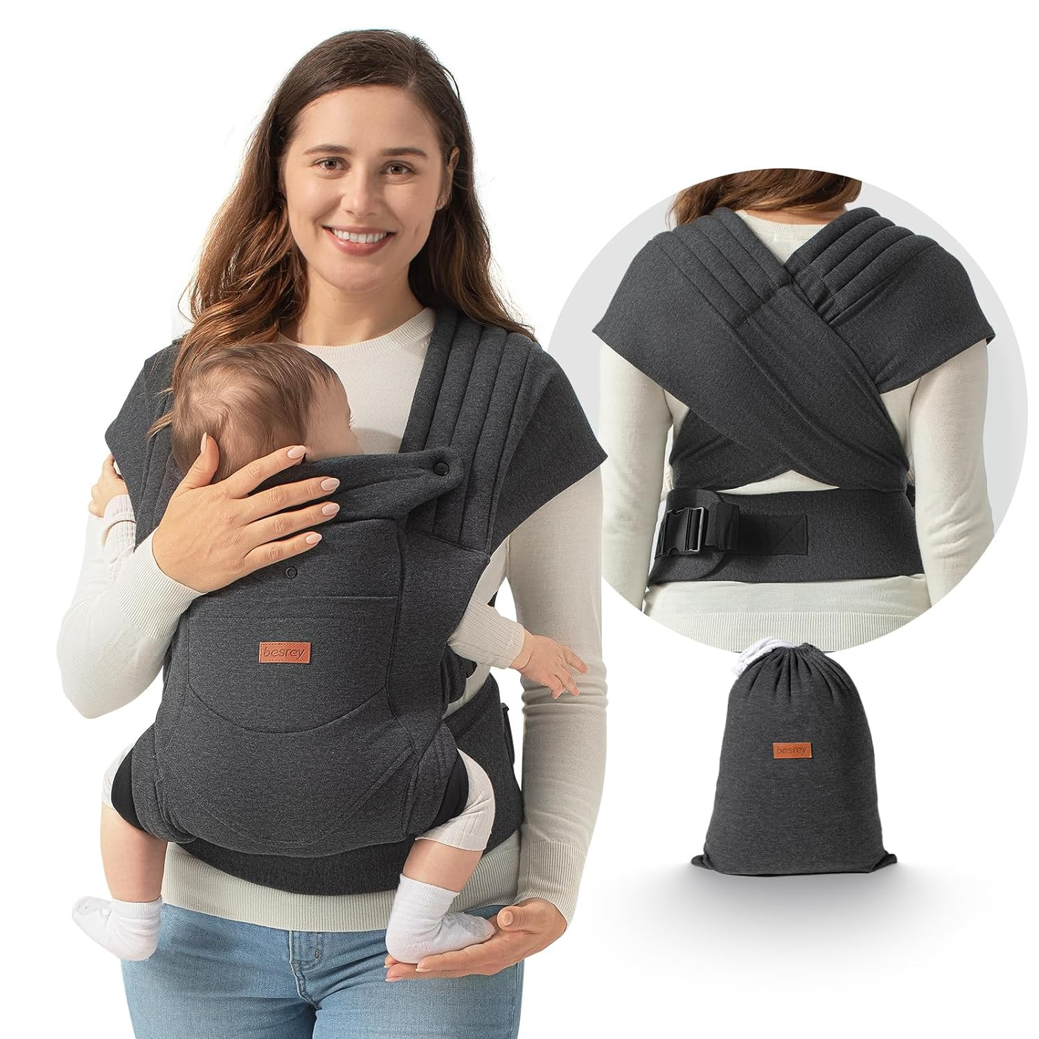 besrey Porte Bebe, Echarpe de portage bebe, Porte Bébé,Porte bebe Physiologique et Ergonomique Sans nœuds et Facile à porter