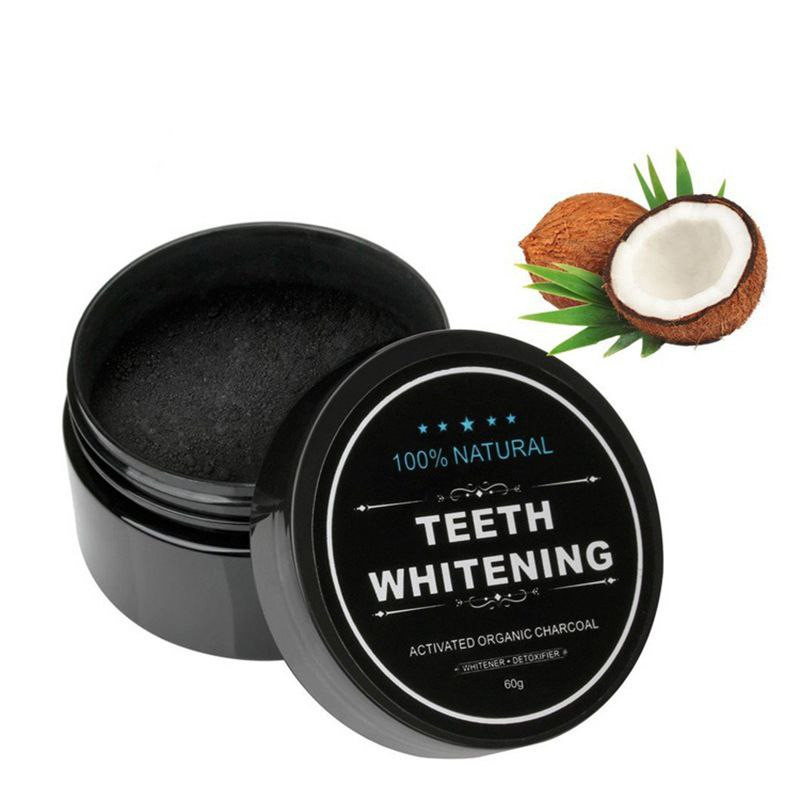 Poudre dentaire au charbon actif, poudre de blanchiment des dents, poudre de nettoyage des dents au charbon de bambou, en coquille de noix de coco de 60g