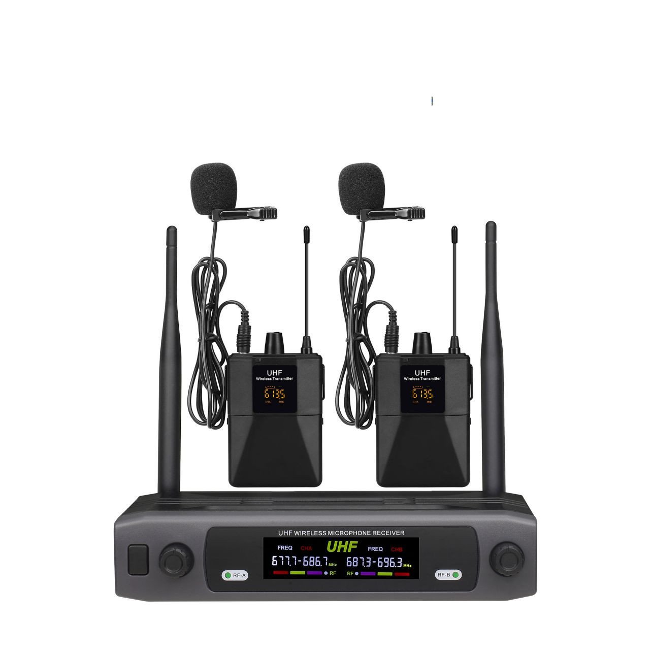 microphone sans fil UHF à double canal comprend un récepteur de table, deux émetteurs de type boîtier de ceinture (bodypack) et deux micros-casques.