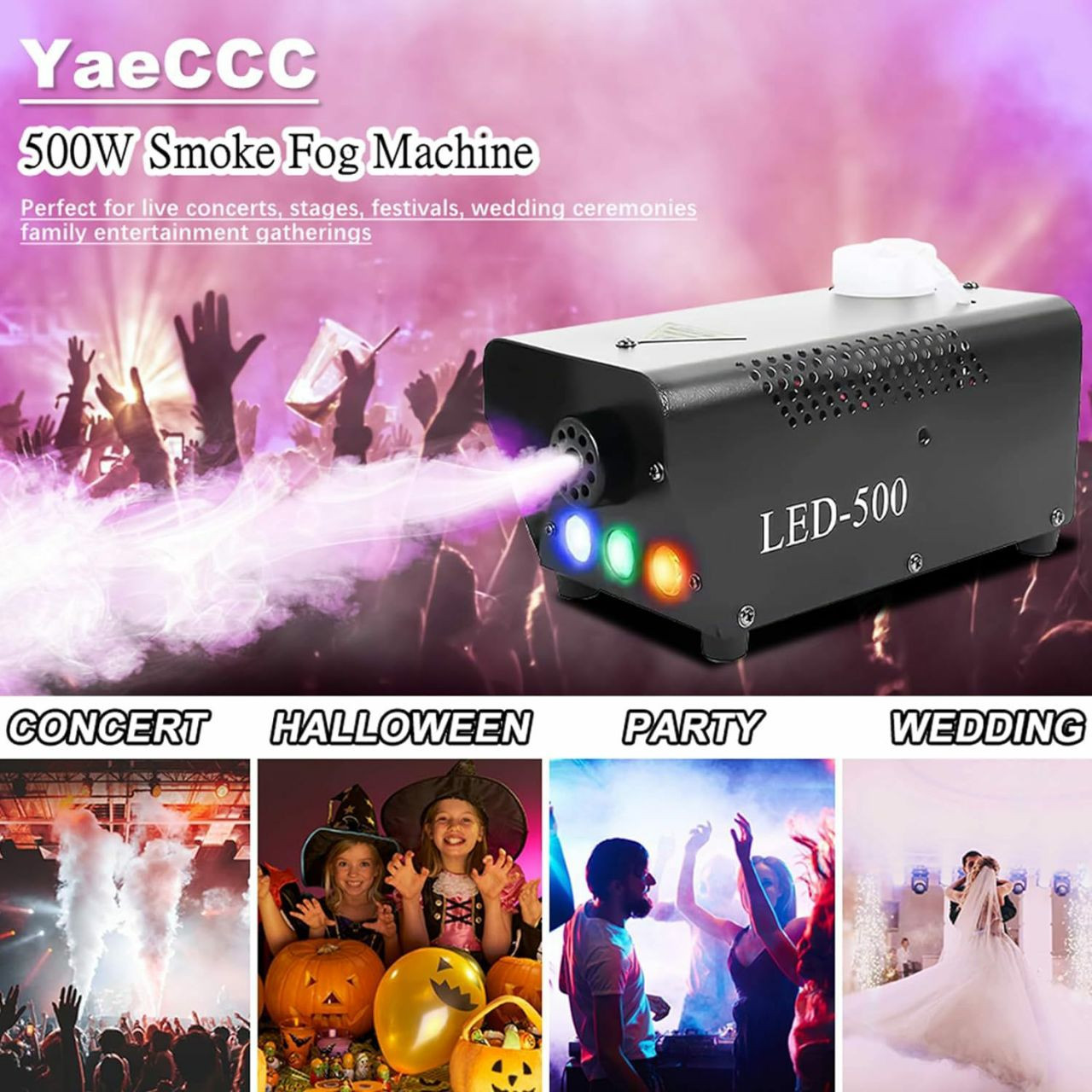 Machine à fumée portable de 500 W dotée de lumières LED colorées, parfaite pour animer vos fêtes, mariages ou spectacles.