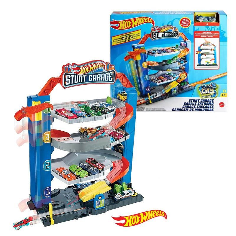 coffret de jeu Hot Wheels City Stunt Garage (aussi appelé Garage Cascades), un circuit de garage sur plusieurs niveaux pour les petites voitures.