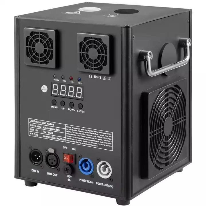 Machine à étincelles froides de 750 W avec contrôle DMX et télécommande sans fil, conçue pour créer des effets pyrotechniques sécurisés lors d'événements.