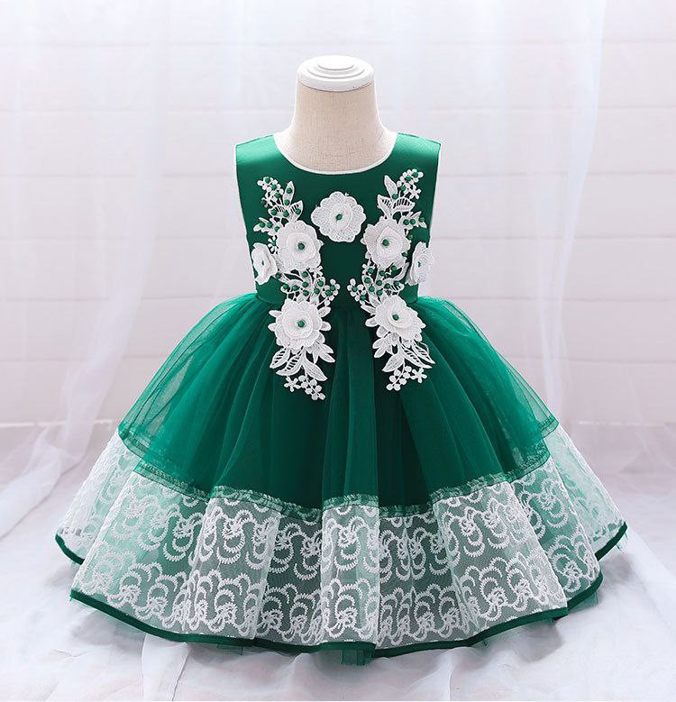 Robe de bébé jupe tutu robe de couture en dentelle robe de fleurs perlées robe de baptême de bébé première année