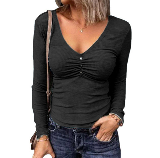 Automne et hiver nouveau t-shirt à manches longues pour femmes à col en V et à col en V de couleur unie