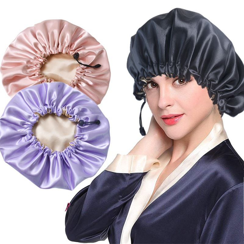 Bonnet de nuit double couche Amazon Bonnet de douche à l'huile cuite au four réglable amélioré pour femmes Bonnet de bain à double usage en soie douce Chapeau de chimiothérapie