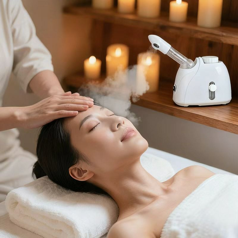 Vaporisateur facial  blanc, conçu pour l'hydratation de la peau et le nettoyage en profondeur.