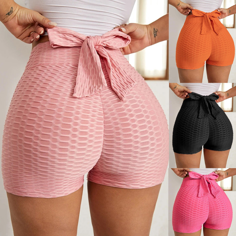 Conception de nœud arrière, short de sport taille haute pour femmes douces, fitness, course à pied, yoga, vélo