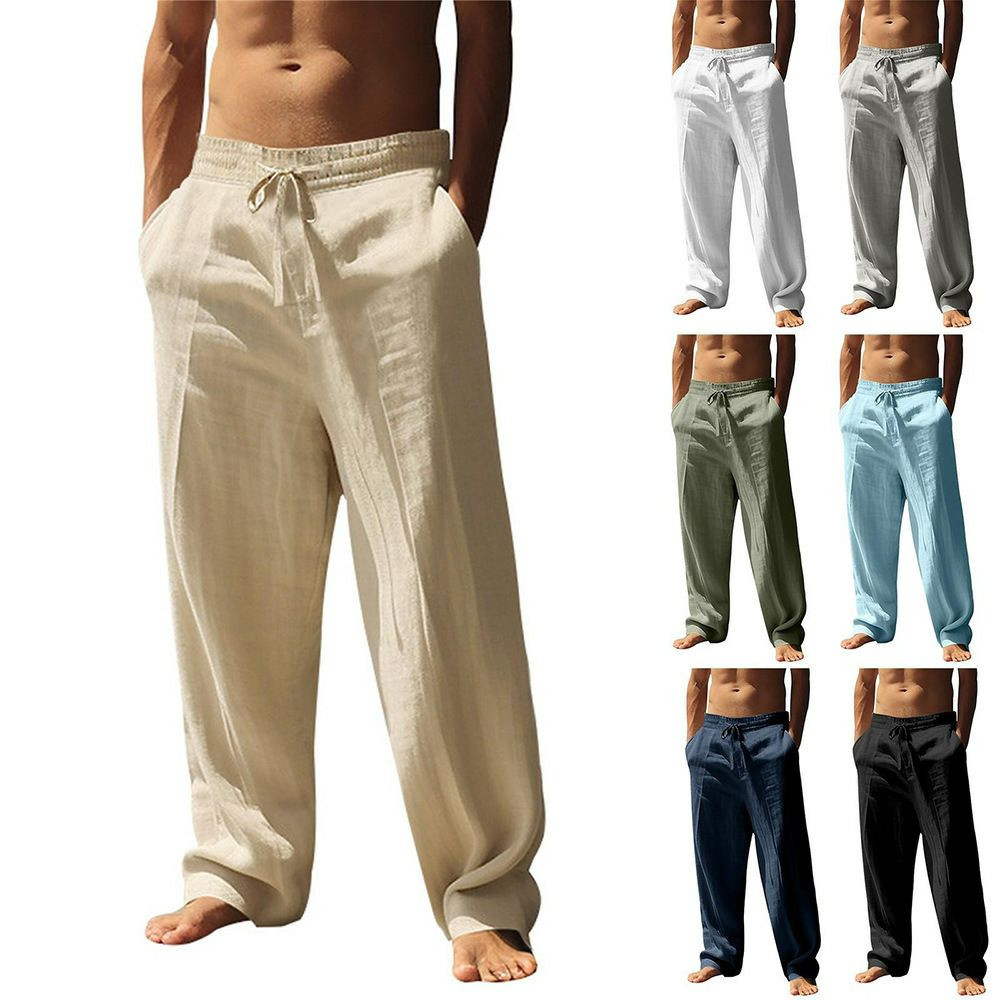 Cette paire de pantalons décontractés est un modèle ample en mélange de lin et coton, idéal pour l'été ou la détente.