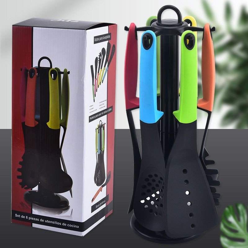 Ustensiles de cuisine de couleur nylon prêts à l'emploi ensemble de sept pièces, cuillère de cuisine antiadhésive, spatule à griffes, ensemble de 7 pièces de cuisine